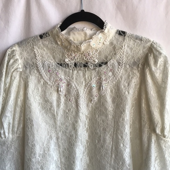 Cream prairie blouse with lace, bead, sequin, and embroidered accents, size S - Picture 2 of 5